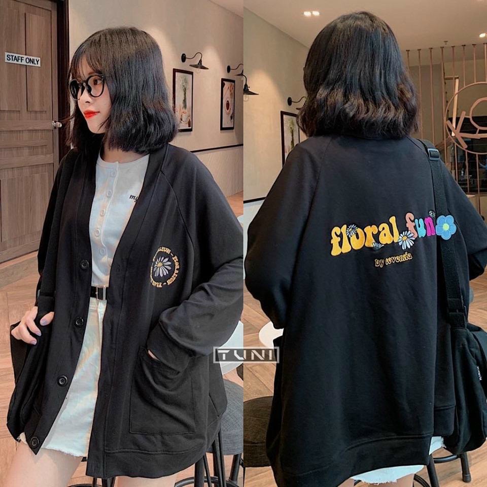 [Ảnh Thật] Áo Khoác Nỉ Cardigan Nữ Form Rộng In Hình Bông Cúc Floral Fun Thun Nỉ Bông Ullzang Style Free Size 70kg AK76