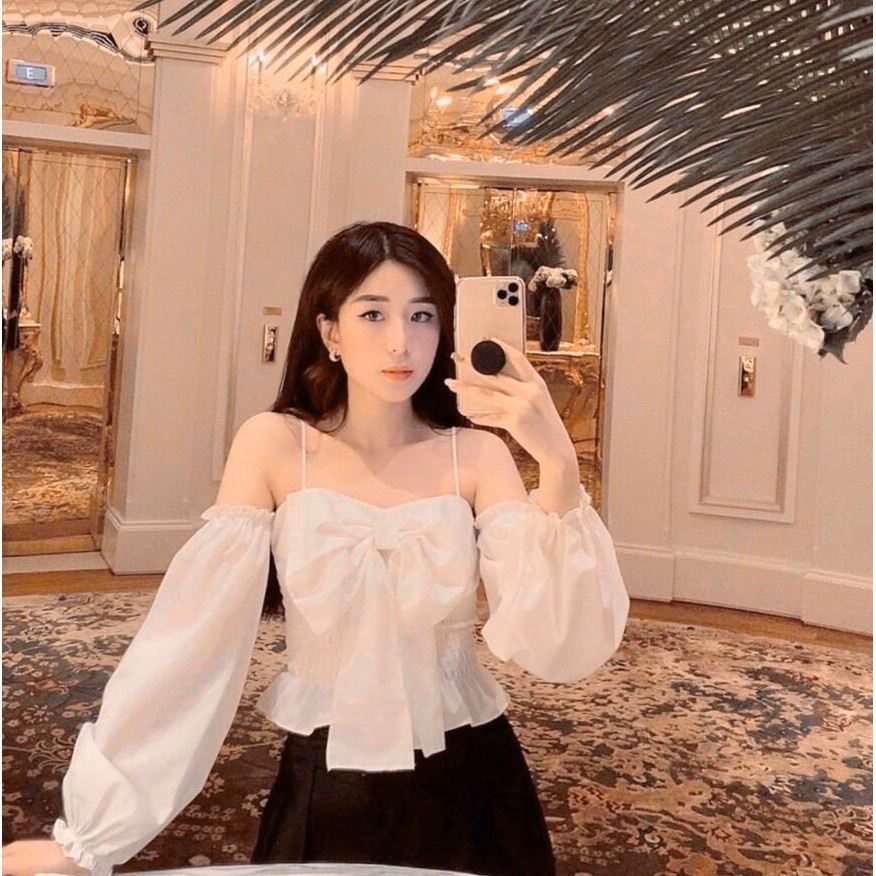 Áo voan trễ vai nơ to màu trơn phong cách dễ thương xinh xắn - Mã: 22 TV-FASHION