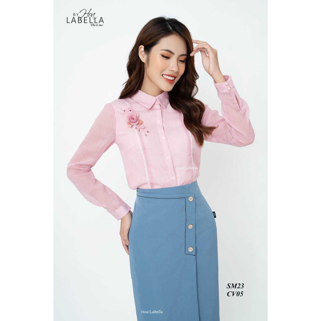 Áo sơ mi Hoa'labella - Áo sơ mi thiết kế cổ đức chất liệu tằm xốp 2 lớp, hoa đính kết thủ công (SM23)