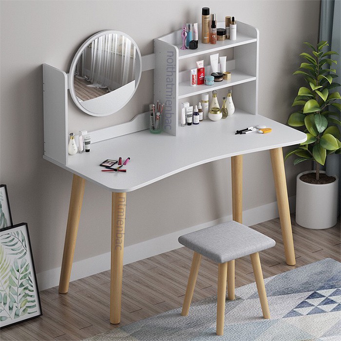 Bộ bàn ghế trang điểm tích hợp kệ để đồ, chân gỗ tự nhiên tiện tròn 5cm dài 73cm -lắp đặt sẵn pát sắt vào mặt bàn và ghế | BigBuy360 - bigbuy360.vn