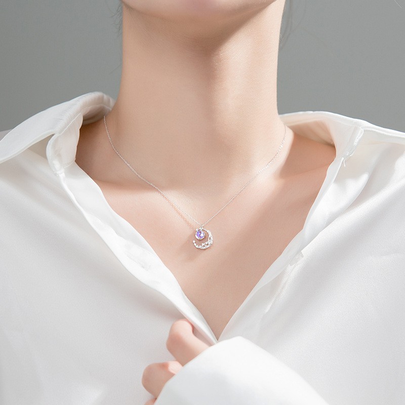 Dây chuyền bạc Ý s925 lưỡi liềm trắng gắn quả cầu nhỏ tươi sang trọng D7550 - AROCH Jewelry