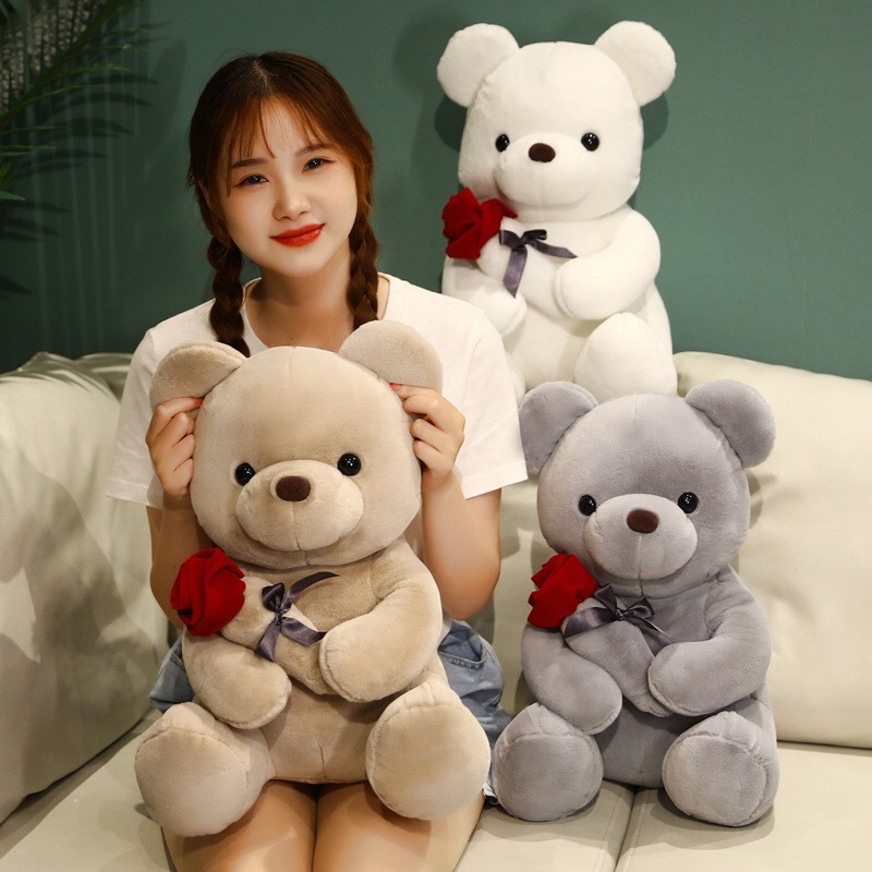 Gấu Bông Teddy Ngồi Ôm Hoa, Teddy Cầm Hoa, Lông siêu mềm mịn mướt. Xưởng sỉ Gấu Bông mua lẻ giá sỉ
