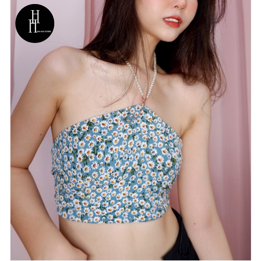 Áo yếm croptop hoa bi xanh dây chuỗi ngọc HAC139 Hỉn Hỉn Store