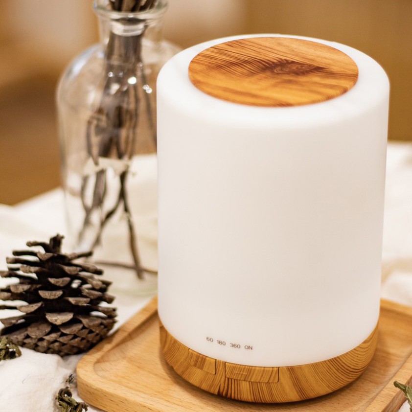 Máy xông tinh dầu, tạo ẩm khuếch tán hương thơm Hình Trụ Vân Gỗ Dung Tích 300ml Có Đèn Led Đổi Màu