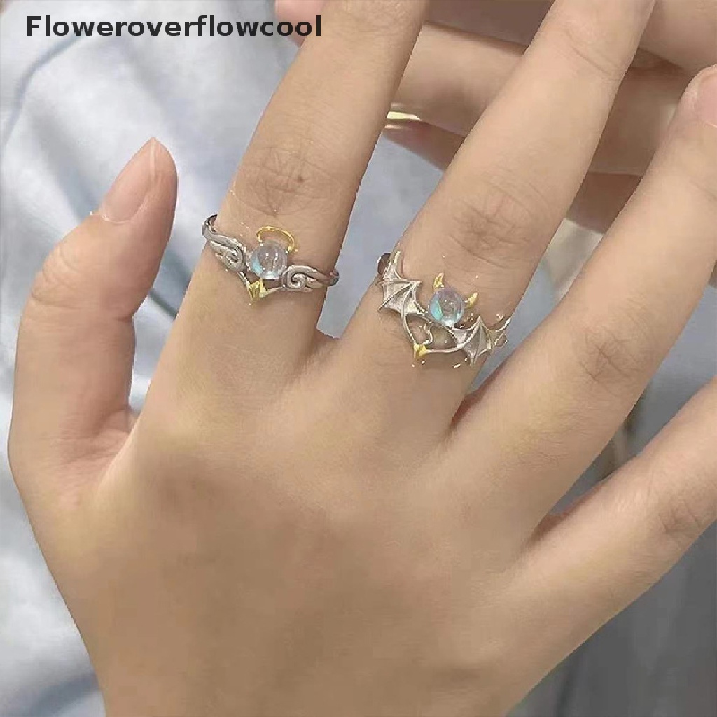 Nhẫn cặp đôi đính đá mặt trăng màu bạc hình thiên thần/ác quỷ thời trang cho nam nữ