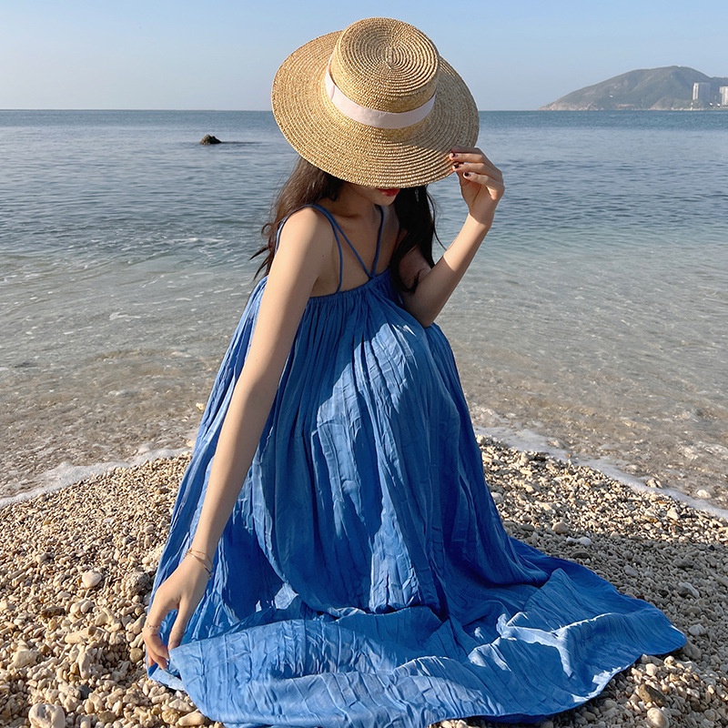 Váy 2 dây đi biển LUHAZO maxi dáng dài hở lưng nữ đẹp xanh dáng dài rộng bigsize  kiểu Hàn Quốc Babydoll 5007 DK1T