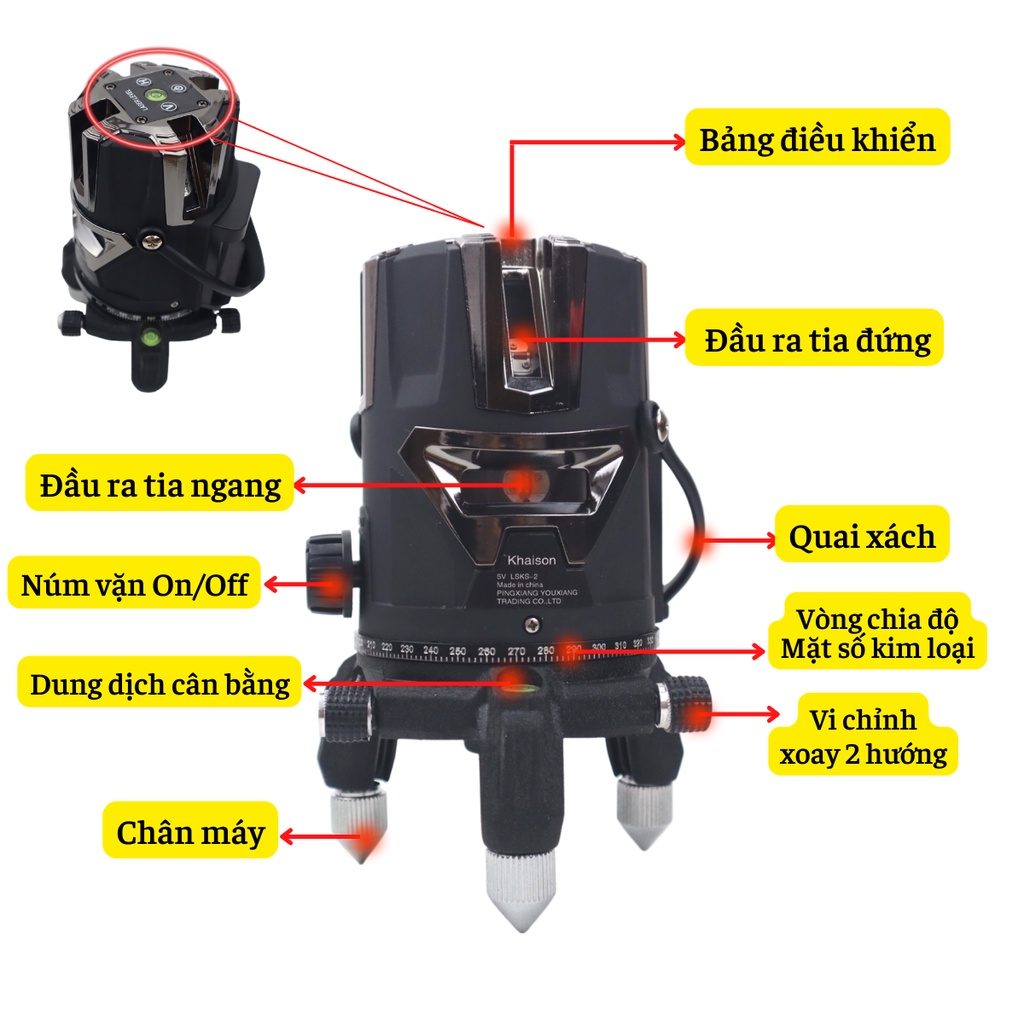 Máy cân bằng laze, máy bắn cốt 5 tia Khai sơn siêu sáng, pin khủng, có kèm chân