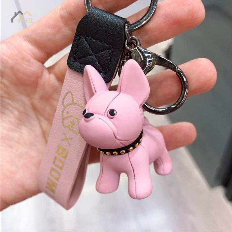 Leader French Bulldog Keychain Fashion Punk Pu Leather Strap Dog Keychains for Women Bag Pendant Jewelry Trinket Men's Car Key