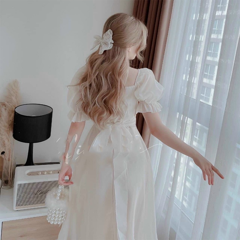 Đầm midi xếp ly nhún ngực tay bồng váy nữ đi tiệc dáng xòe thắt nơ lưng sang trọng thanh lịch
