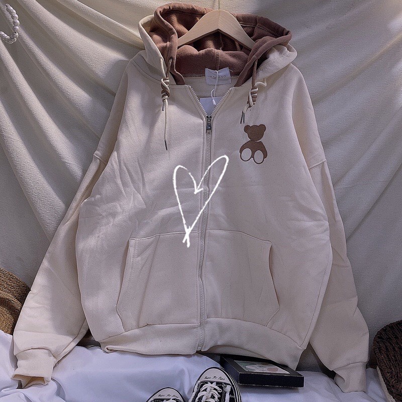 Áo Hoodie Nỉ Bông 2 NÓN THÊU GẤU Form Rộng FREE SIZE Unisex Ulzzang NUPAKACHI