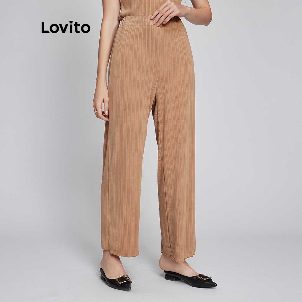 Quần dài Lovito phong cách thường ngày màu trơn eo co giãn eo cao dệt sợi L26LD091 (màu kaki)