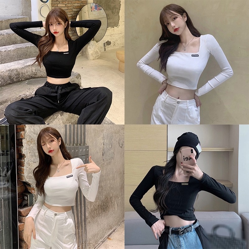 Áo Croptop Tay Dài Cổ Vuông Màu Sắc Đơn Giản Phong Cách Hàn Quốc Cho Nữ