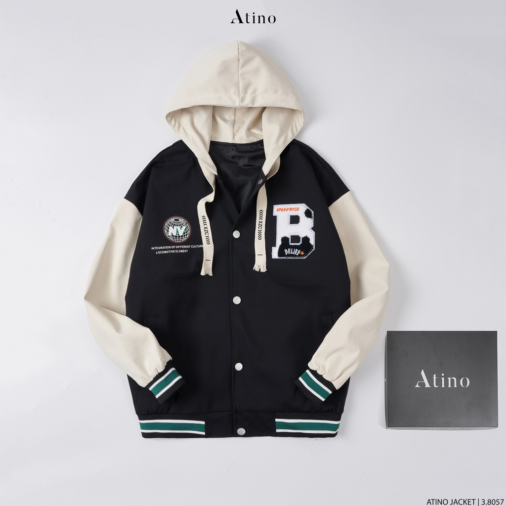 Áo khoác Varsity nỉ dạ nam BIGB ATINO trẻ trung vải nỉ dạ lót gió phối tay áo mũ hoodie AD3.8057