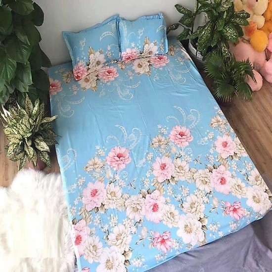 Bộ ga gối trải giường poly cotton mẫu hoa trà xanh