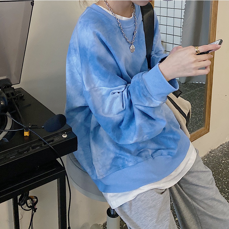 Áo Sweater Tay Dài Dáng Rộng Màu Nhuộm Kiểu Hàn Quốc Thời Trang Thu Đông