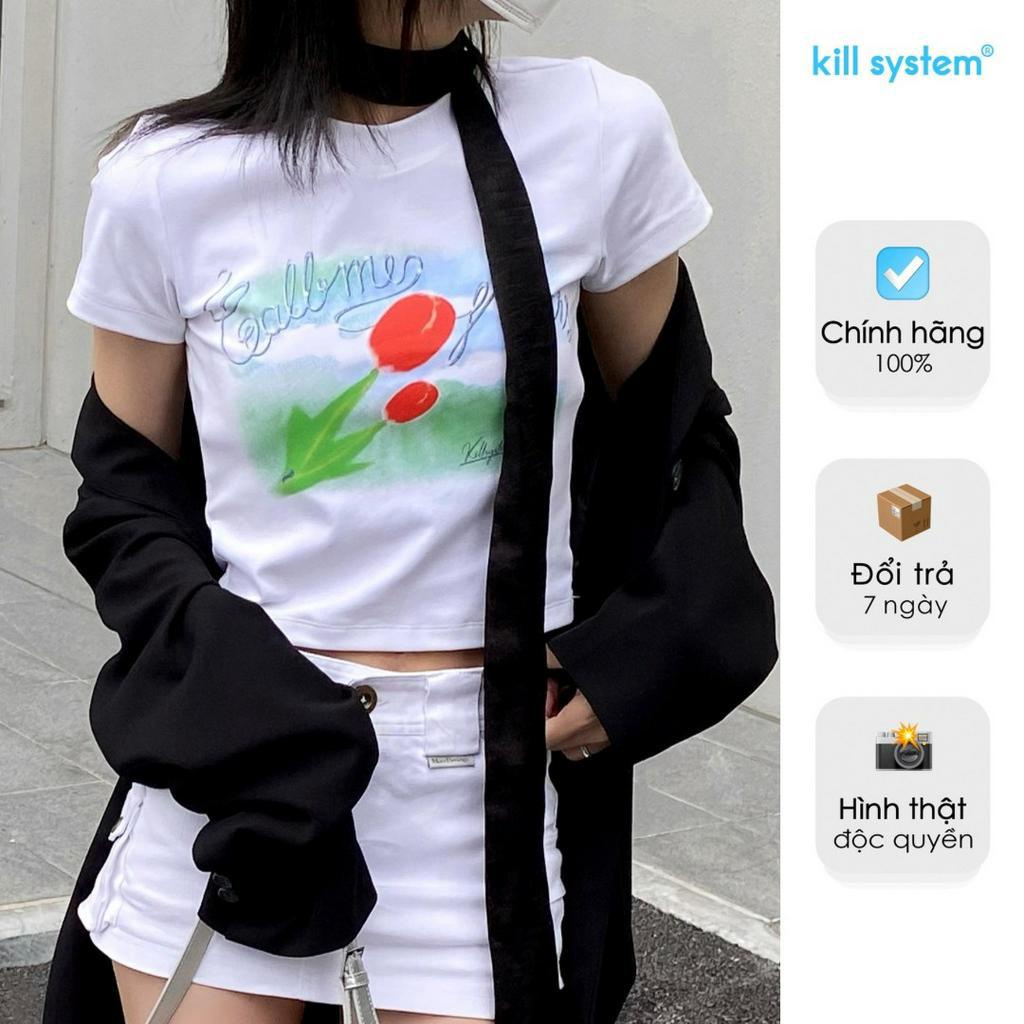 Áo thun KillSystem form baby tee in hình hoa Tulip màu trắng chất thun co giãn