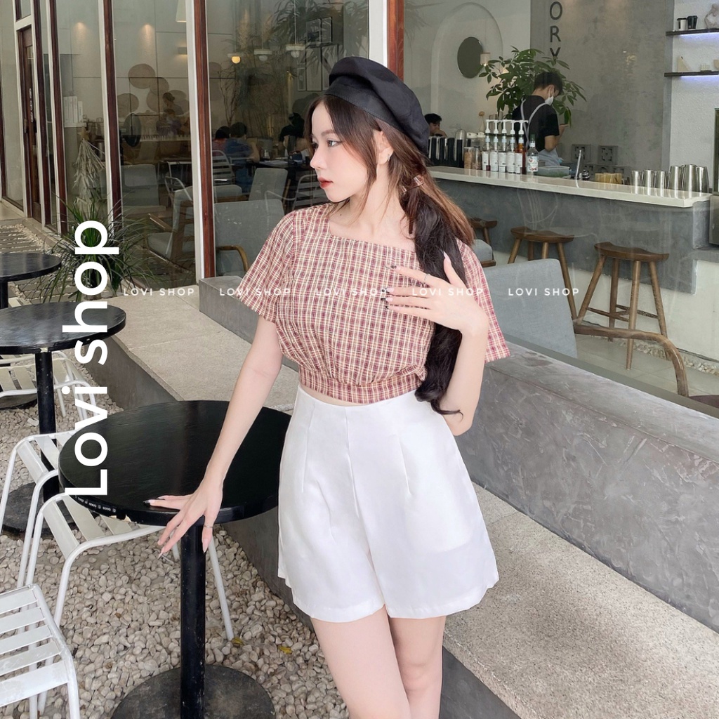 LOVI SHOP- Áo croptop caro nơ lưng cổ vuông tay ngắn cột nơ sau xinh xắn