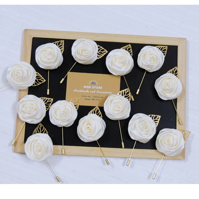 HOa cài áo handmade hồng cuộn mix 1 lá vàng cho cả nam và nữ nhiều màu NOBOX