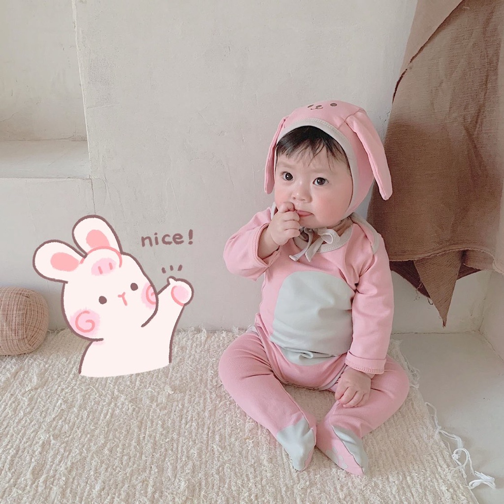 Bộ Áo Liền Quần Màu Hồng In Hình Thỏ Dễ Thương Thời Trang Thu Đông Cho Bé Gái 0-24 Tháng Tuổi