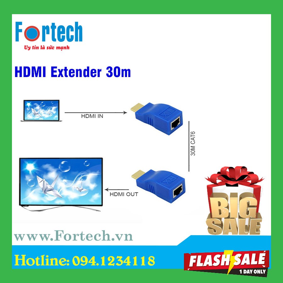 Bộ kéo dài cáp HDMI qua dây mạng Lan Cat5e, Cat6e 30m - sử dụng 1 dây LAN