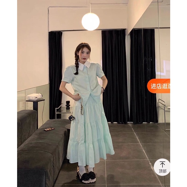 Set áo sơ mi + chân váy midi màu xanh mint