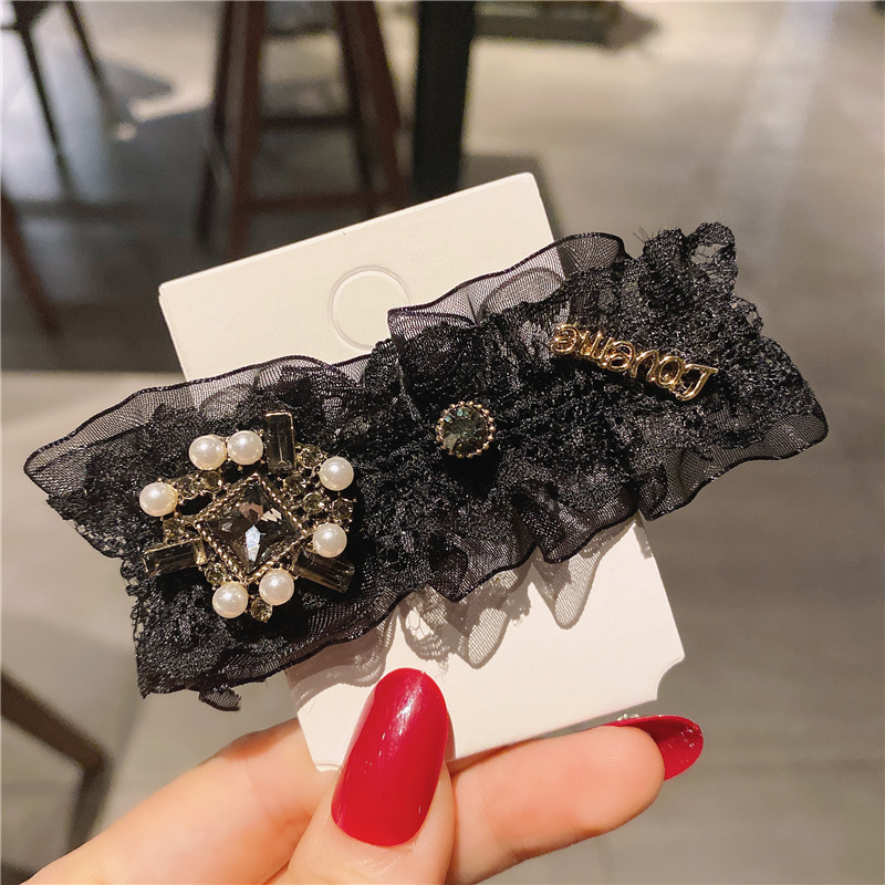 Kẹp Tóc Mỏ Vịt Đính Đá Và Ngọc Trai Màu Đen Phong Cách Vintage Hàn Quốc Cho Nữ