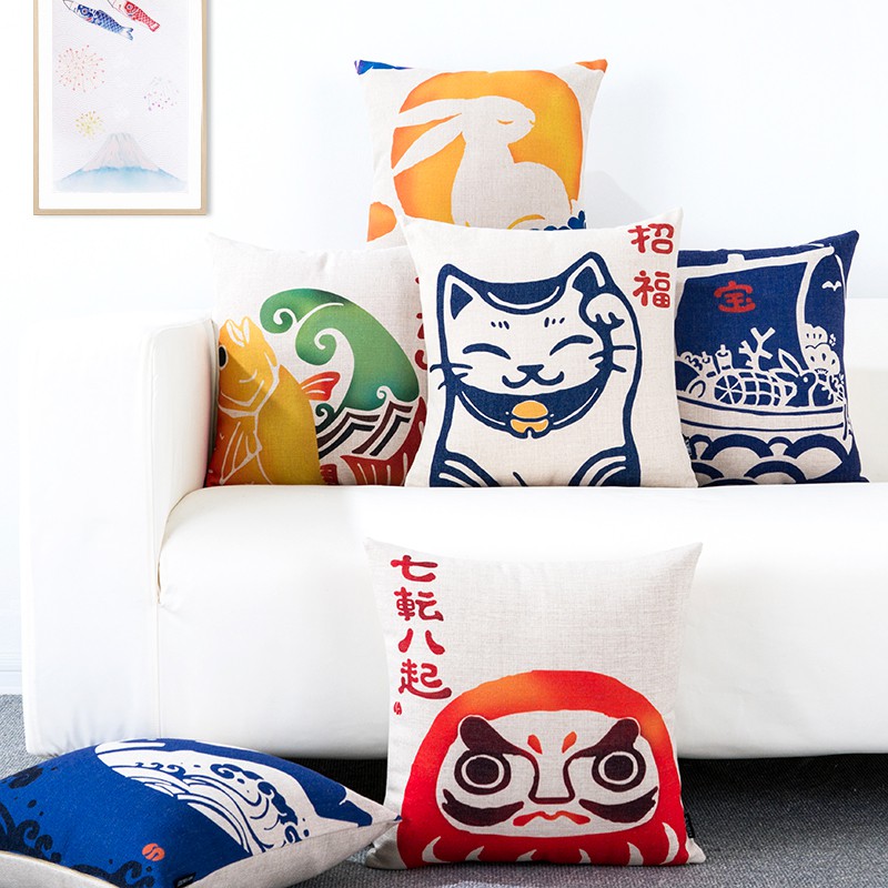 Vỏ Gối Sofa Vải Cotton Lanh In Hình Mèo May Mắn Phong Cách Trung Hoa