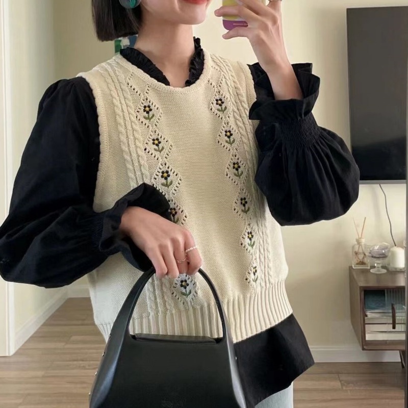 Áo Dệt Kim Sát Nách Thêu Hoa 208536 Áo Sweater Không Tay Dáng Ngắn Phong Cách Vintage Hàn Quốc