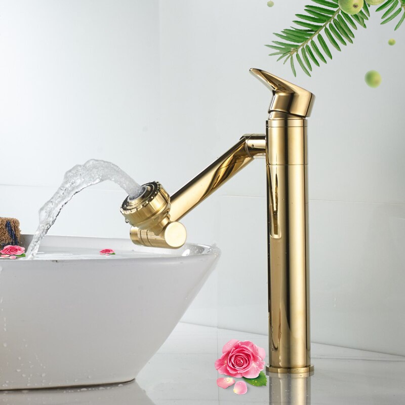 Vòi rửa mặt Lavabo xoay 720 độ gật gù, thân cao, mạ vàng, điều chỉnh nước Minh House