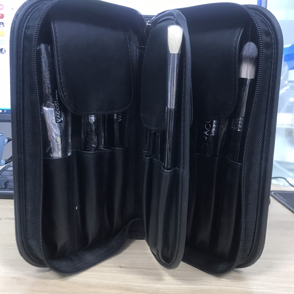Bộ cọ trang điểm chuyên nghiệp Vacosi BC18 PRO cơ bản - Bộ cọ trang điểm cá nhân 15 cây, bóp da đen