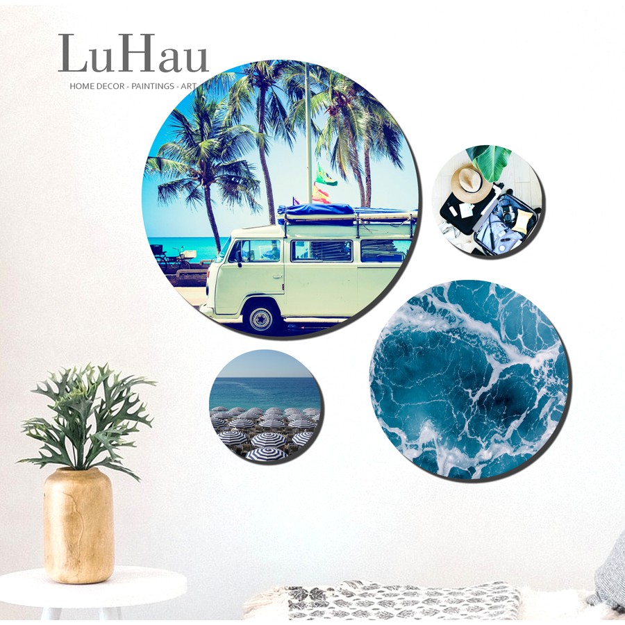 Set tranh tròn Luhau decor dán tường Travel gam màu xanh blue, tranh trang trí bàn làm việc, chiếu nghỉ cầu thang