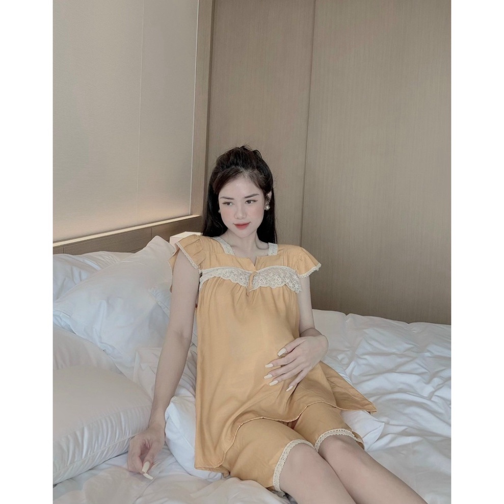 Shop Bầu Xinh Đồ bầu mặc nhà - bộ bầu sau sinh chất đũi hàn phối ren ở ngực thời trang - HT-KidsMomy Cam Kết Uy Tín