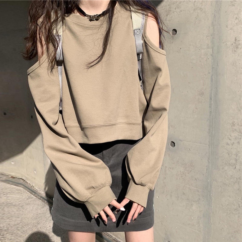 Jiashucheng Áo Sweatshirt Dáng Rộng Ngắn Hở Vai Màu Xanh Dương Khoét Lỗ Size Lớn Thời Trang Mùa Thu Cho Nữ