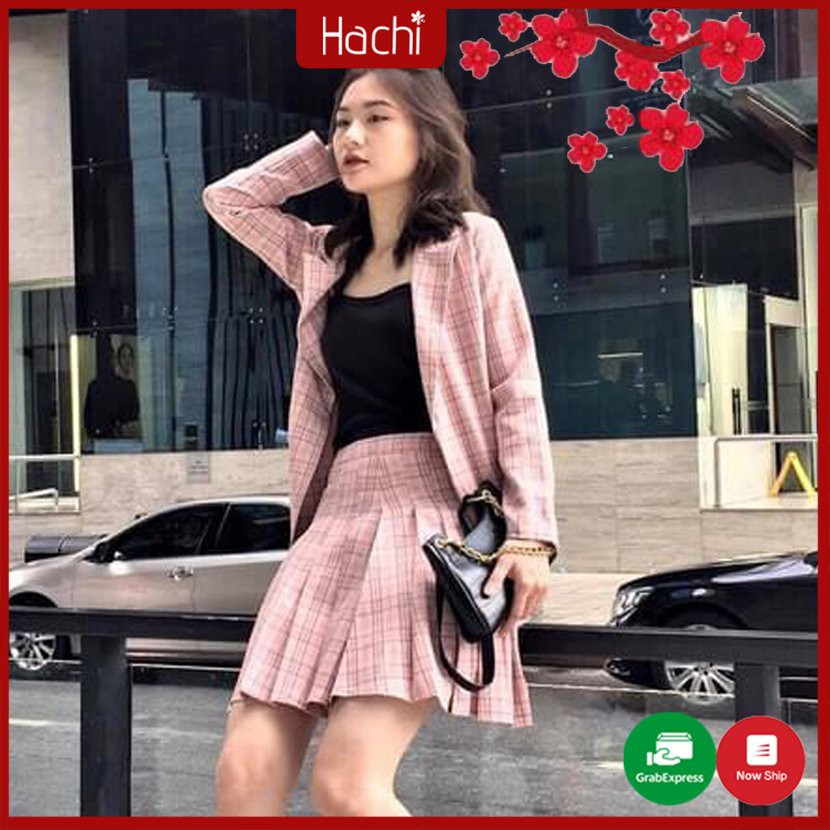 Áo Blazer Chân Váy Kẻ Xếp Ly Hai Lớp Hàng thiết kế Hachidesigns