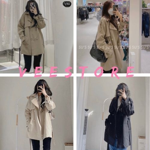 Áo khoác măng tô dáng dài / Áo khoác ngoài thiết kế tay dài kèm dây đai quý phái, thanh lịch màu đen nâu_veestore