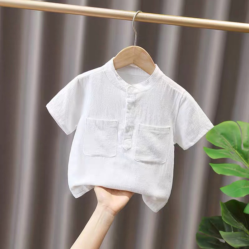 Áo Sơ Mi Trơn Cho Bé Trai 2 Túi Cổ Trụ Ngắn Tay MINKY BABY, Quần Áo Bé Trai Đi Học, Đi Chơi Từ 8-28kg