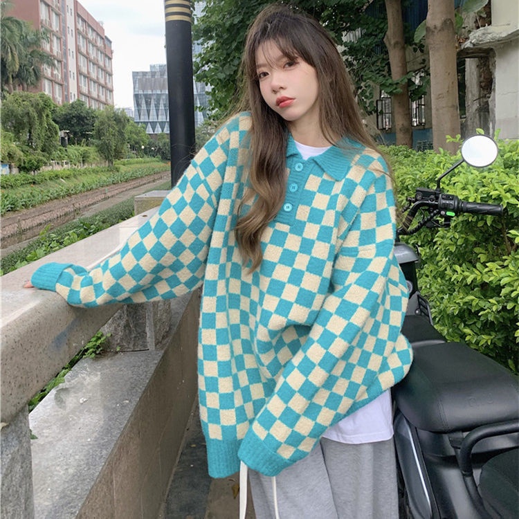 Áo sweater dệt kim dáng rộng họa tiết kẻ sọc phong cách Hàn Quốc mới cho nữ