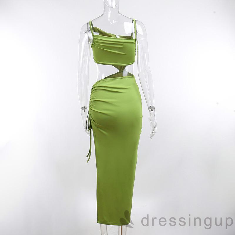 Đầm Hai Dây Rút Dây Màu Trơn Thời Trang Mùa Hè Dành Cho Nữ