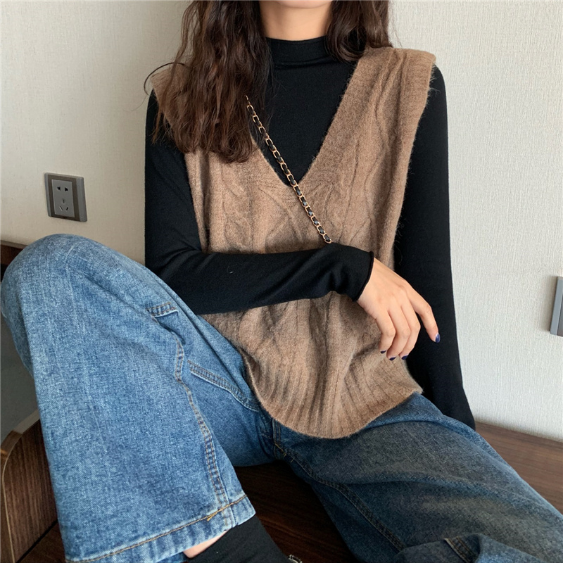 Áo Len Sát Nách Cổ Chữ V Màu Trơn Phong Cách Hàn Quốc Xinh Xắn
