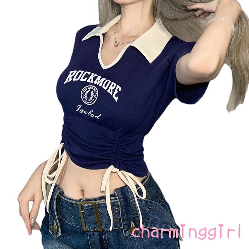 Áo Thun Crop Top Tay Ngắn Cổ Chữ V Phối Dây Rút Thời Trang Mùa Hè Cho Nữ