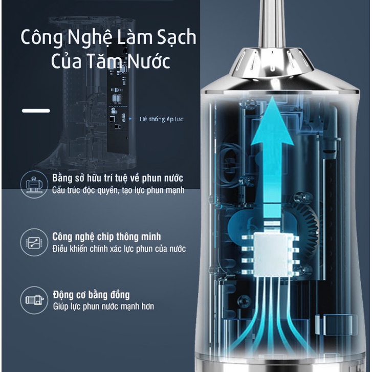 Máy Tăm Nước cầm tay không dây 3 chế độ vệ sinh răng miệng cực sạch nhập khẩu Chính Hãng tặng kèm 4 đầu phun