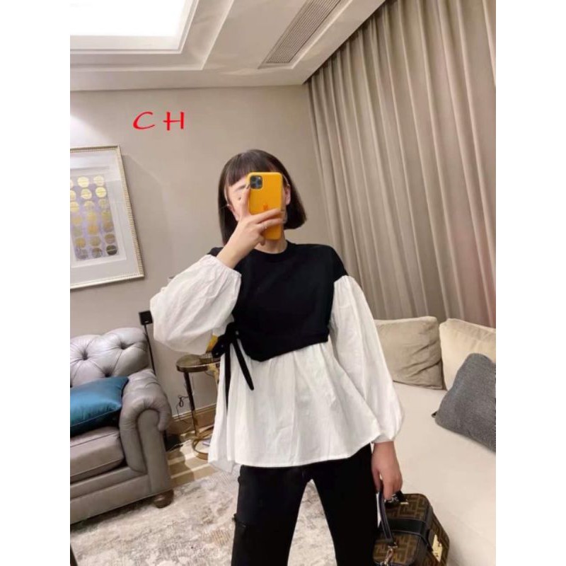 ảnh thật : áo babydoll cột nơ eo phối màu điệu đà - áo thun dài tay phối sơ mi buộc nơ điệu đà ,freesize giá rẻ hót | BigBuy360 - bigbuy360.vn