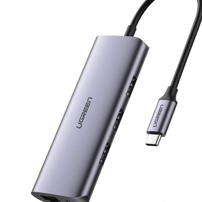Ugreen 60718 USB Type C Bộ chuyển đổi sang 3 cổng USB 3.0 và Giga Lan hỗ trợ nguồn micro usb