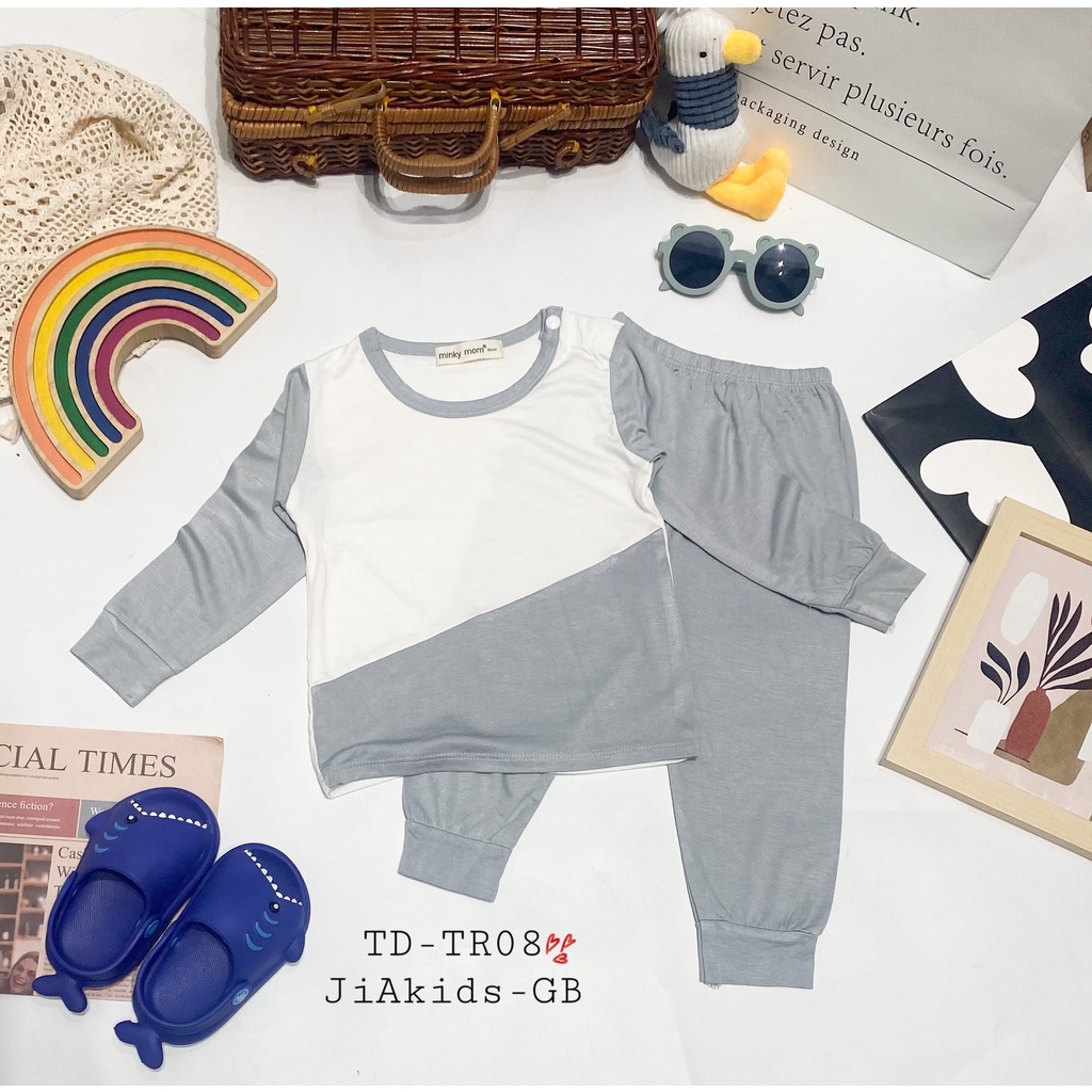 Bộ Dài Tay THUN LẠNH MINKY MOM Nút Vai Áo Phối Màu Thân Trắng Cho Bé TD-TR08