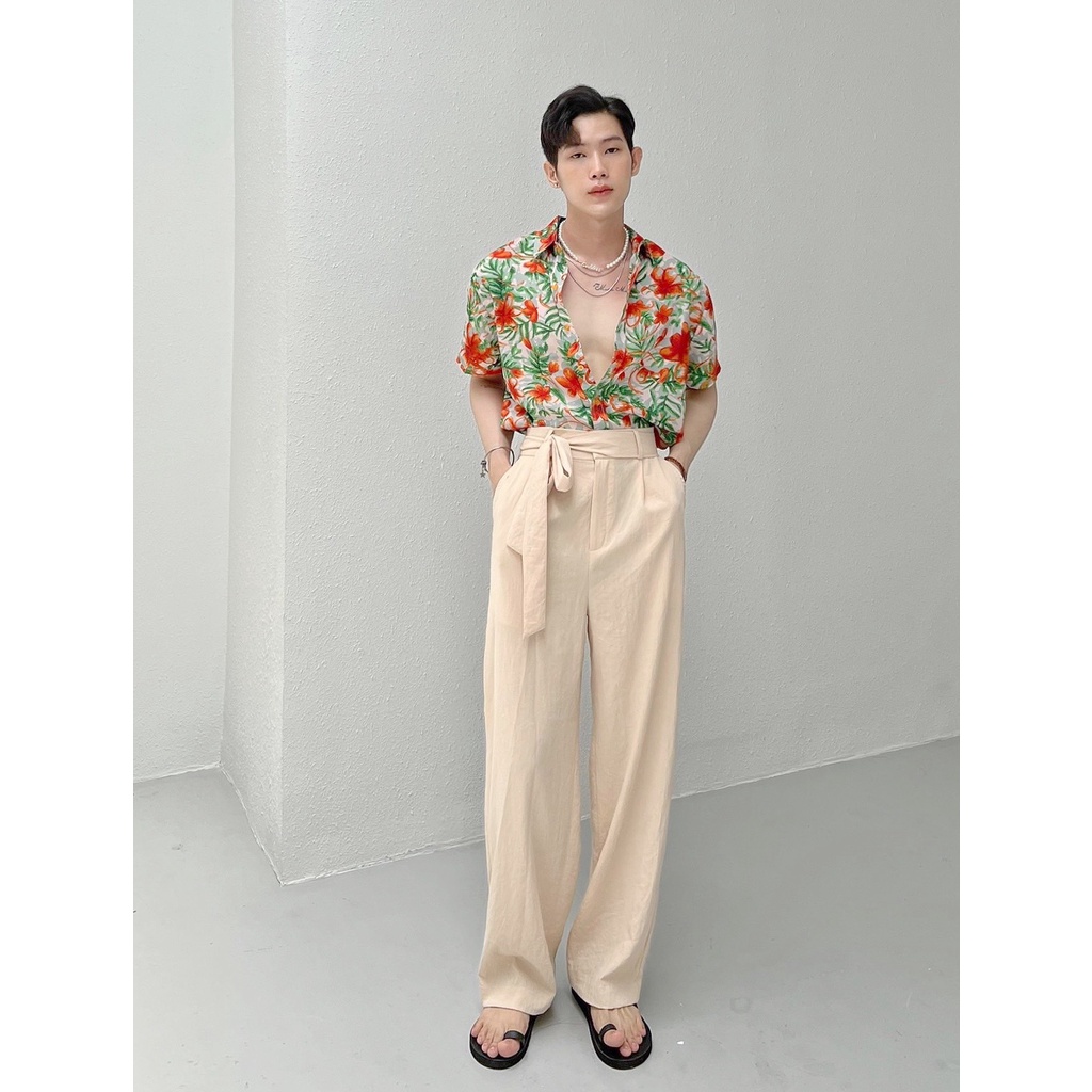 Quần Linen đi biển ống suông lưng cao phối dây đai dài 1,5m cực HOT