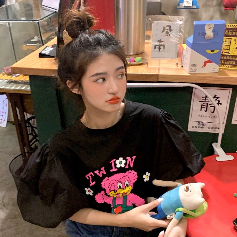 Áo thun tay ngắn phồng dáng rộng in họa tiết hoạt hình dễ thương phong cách retro thời trang mùa hè dành cho nữ