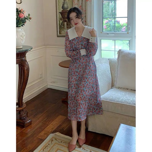 ĐẦM HOA CỔ TAY BẢNG REN TRẮNG