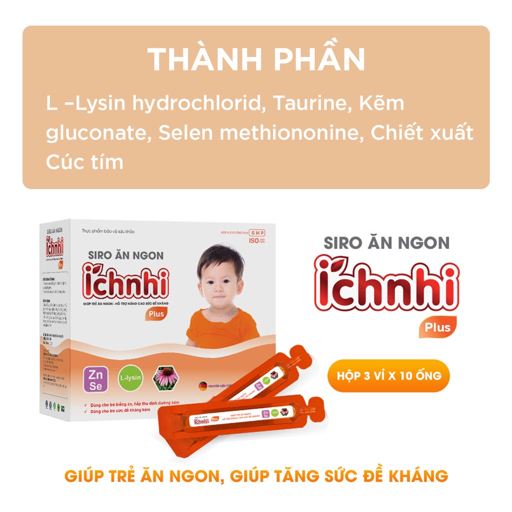 Siro ăn ngon Ích Nhi Plus hộp 20 ống 10ml giúp nâng cao sức đề kháng, tăng chuyển hóa hấp thu dưỡng chất, trẻ ăn ngon