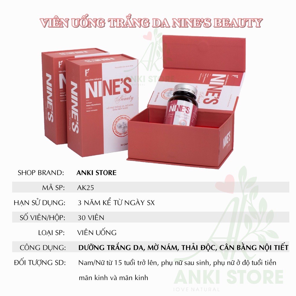 [CHÍNH HÃNG + QUÀ TẶNG] Viên Uống Trắng Da, Mờ Nám, Giảm Nếp Nhăn NINE'S BEAUTY.