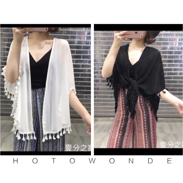Áo choàng kimono 2 màu trắng - đen